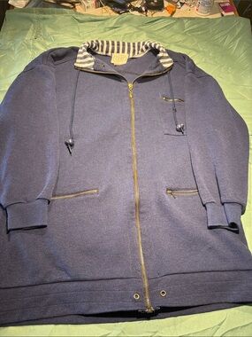 Men's Navy Zip-Up Sweater Jacket with Striped Collar